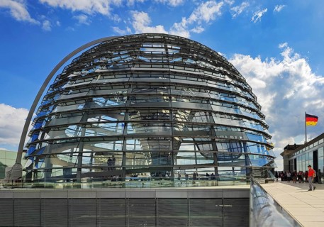 Viewing platform with the Reichstag dome and German flag, landmark, Reichstag, government,