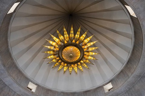 View upwards to a brightly decorated ceiling with a geometric pattern, Yazidi temple, Shekhubekir,