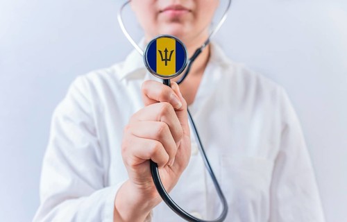 Female doctor holding stethoscope with Barbados flag. National health system of Barbados