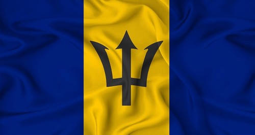 Realistic Barbados flag waving. Close up of flag of Barbados with cloth texture