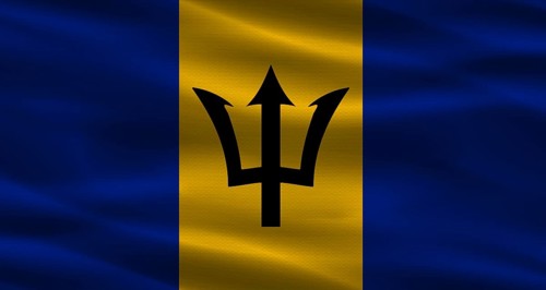Barbados flag with fabric texture. Realistic flag of Barbados waving