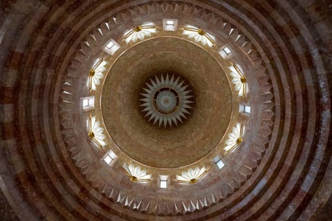 View of a dome with concentric circles and windows that create an interesting play of light, Yazidi