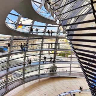 Interior view of the Reichstag dome with mirror cone and visitors, Reichstag building, landmark,