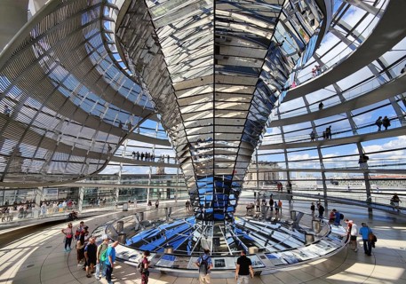 Interior view of the Reichstag dome with the mirror cone and visitors, Reichstag building,