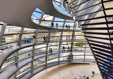 Interior view of the Reichstag dome with mirror cone and visitors, Reichstag building, landmark,
