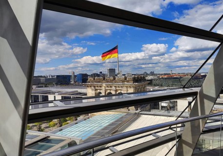 Interior view of the Reichstag dome with a view of a German flag without people, Reichstag