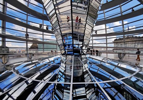 Interior view of the Reichstag dome with the mirror cone and visitors, Reichstag building,