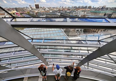 Interior view of the Reichstag dome with visitors on the ramp and view of the cityscape, Reichstag