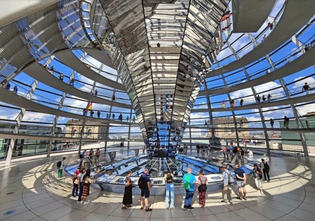 Interior view of the Reichstag dome with the mirror cone and visitors, Reichstag building,