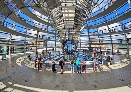 Interior view of the Reichstag dome with the mirror cone and visitors, Reichstag building,