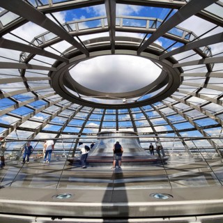 Interior view of the Reichstag dome with visitor platform under the open dome, Reichstag building,