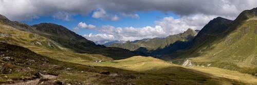 Panorama with Gotthard area, Alpe Carorescio with Piano Grande plateau, Quinto, Ticino, Switzerland
