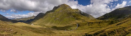 View from Passo del Sole to Passo dell'Uomo with waterfall, Alpe Carorescio with Piano Grande