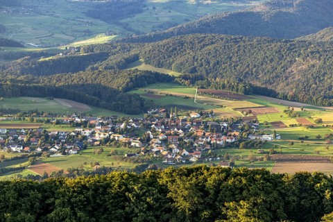 View of Rünenberg from the WIsenberg tower, Wisen, Solothurn, Switzerland