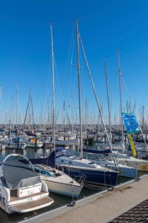 Olympic harbour Schilksee, Olympic Games 1972, sailing yachts at the jetty, flag sailing school,