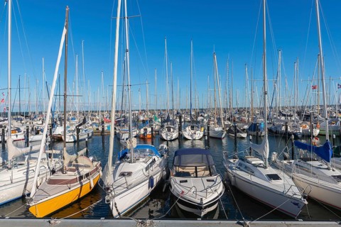 Olympic harbour Schilksee, Olympic Games 1972, sailing yachts at the jetty, ship masts, sunshine,