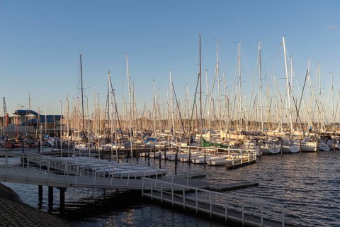 Olympic harbour Schilksee, Olympic Games 1972, sailing yachts at the jetty, ship masts, evening