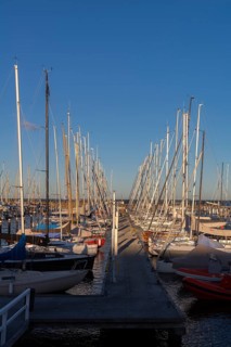 Olympic harbour Schilksee, Olympic Games 1972, sailing yachts at the jetty, ship masts in a row,