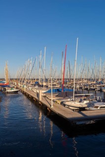 Olympic harbour Schilksee, Olympic Games 1972, sailing yachts at the jetty, ship masts in a row,