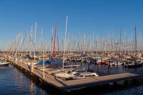 Olympic harbour Schilksee, Olympic Games 1972, sailing yachts at the jetty, ship masts in a row,