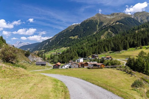 Hamlet with chapel of St James the Ae., Acla, Curaglia, Val Medel, Graubünden, Switzerland