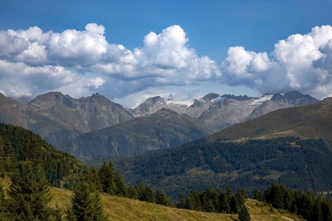 View from Cuolm da Vi to three thousand metre peaks of the Cristallina with Piz Cristallina and Piz