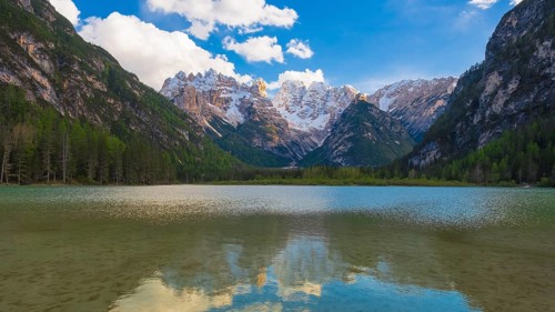 View over Lake Dürrensee to the south with the Cristallo Group, Dolomites, South Tyrol, Italy