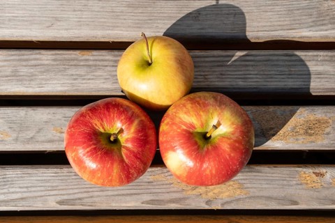 Three apples are lying on a wooden bench with a shadow