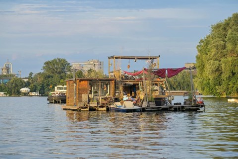 Boats anchored in the Rummelsburger Bucht, Spree, Berlin, Germany