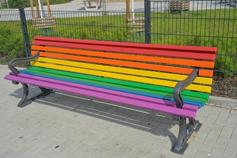 Bench in rainbow colours, Schöneberg, Tempelhof-Schöneberg, Berlin, Germany