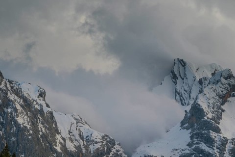 Rising clouds and detailed view of the Sorapis mountain group, Punta Sorapiss, Dolomites, South