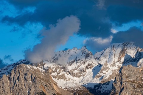 Atmospheric detailed view of the Sorapis mountain group in the evening light, Punta Sorapiss,