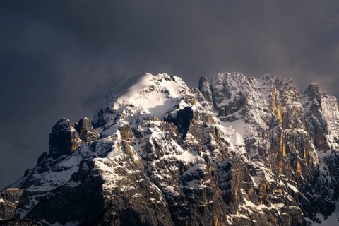 Atmospheric detailed view of the Sorapis mountain group in the evening light, Punta Sorapiss,