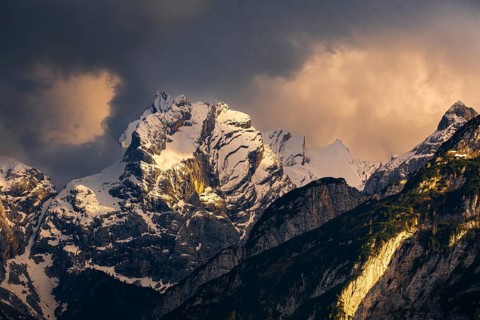 Atmospheric detailed view of the Sorapis mountain group in the evening light, Punta Sorapiss,