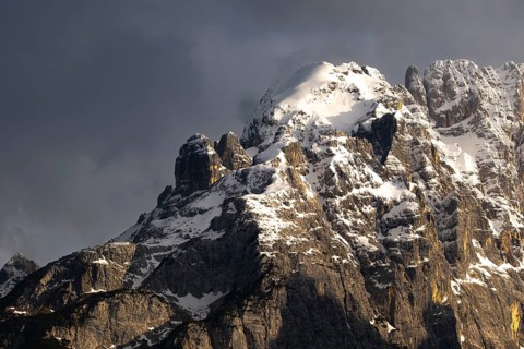 Atmospheric detailed view of the Sorapis mountain group in the evening light, Punta Sorapiss,