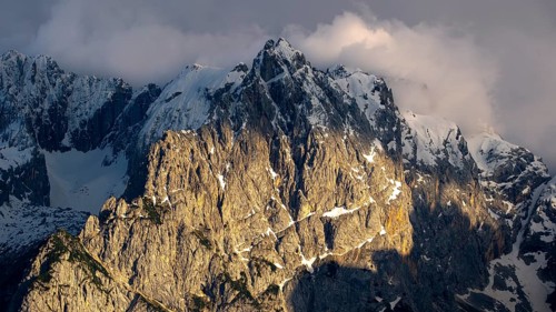 Atmospheric detailed view of the Sorapis mountain group in the evening light, Punta Sorapiss,