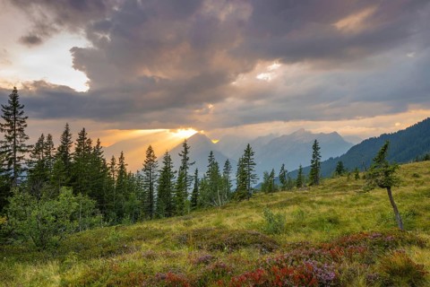 Mountain landscape in autumn at sunset, with the Inn valley and the Karwendel mountains behind,