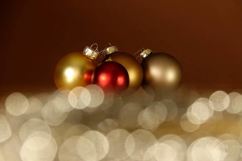 Still life with Christmas tree baubles and beautiful bokeh, Germany