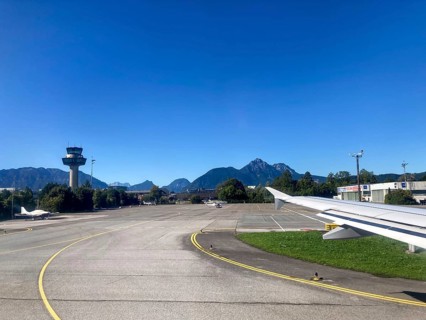 View of the tower and the Hochstaufen, Salzburger Land, Austria, from the aircraft on take-off from
