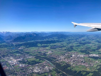 View from the aeroplane of Freilassing and the north of Salzburg with the Chiemgau Alps and the