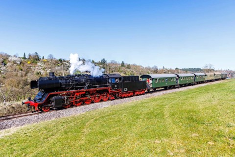 Fiery Elias steam train on the Strohgäubahn steam railway railway steam locomotive in Weissach,