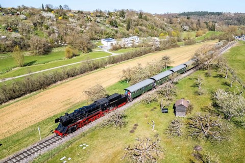 Steam train Feuriger Elias Aerial view from above on the Strohgäubahn steam railway railway steam