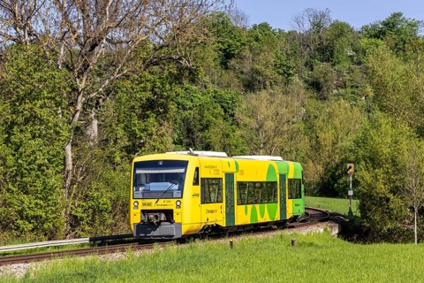 Regional railway train on the Strohgäubahn of the type Regio-Shuttle RS 1 in Münchingen, Germany