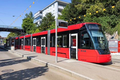 Stadler Tramlink tram operated by Bernmobil at the Kursaal stop in Bern, Switzerland