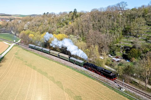 Steam train Feuriger Elias on the Strohgäubahn Aerial view from above Steam railway railway steam