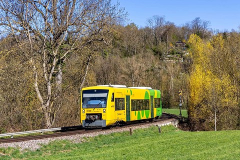 Regional railway train on the Strohgäubahn of the type Regio-Shuttle RS 1 in Münchingen, Germany
