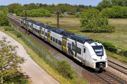 Train of the S-Bahn Rhein-Neckar of Deutsche Bahn DB Regio type Siemens Mireo on the railway line
