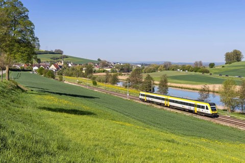 DB Regio regional train on the Black Forest railway in Geisingen, Germany