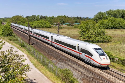 ICE 4 high-speed train operated by Deutsche Bahn DB on the Mannheim-Rastatt railway line in