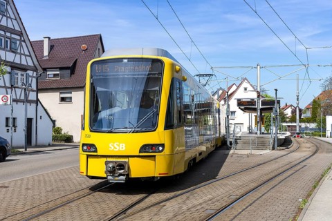 Stuttgart light rail vehicle type DT 8 public transport on line U15 at the Stammheim stop in